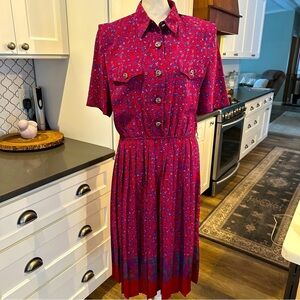 Vintage 80s Leslie Faye Vibrant Pink Ditsy Print Pleated Career Shirt Dress 14P
